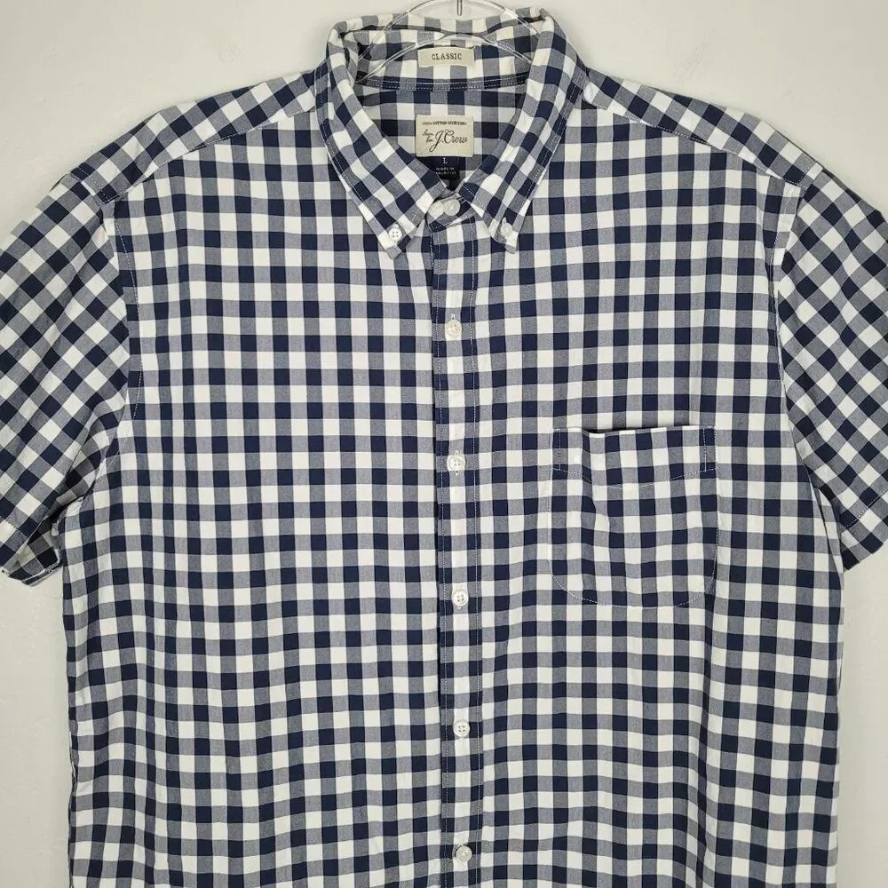 J. Crew Button Down Shirt Short Sleeve Classic Cotton Gingham Blue White Size L